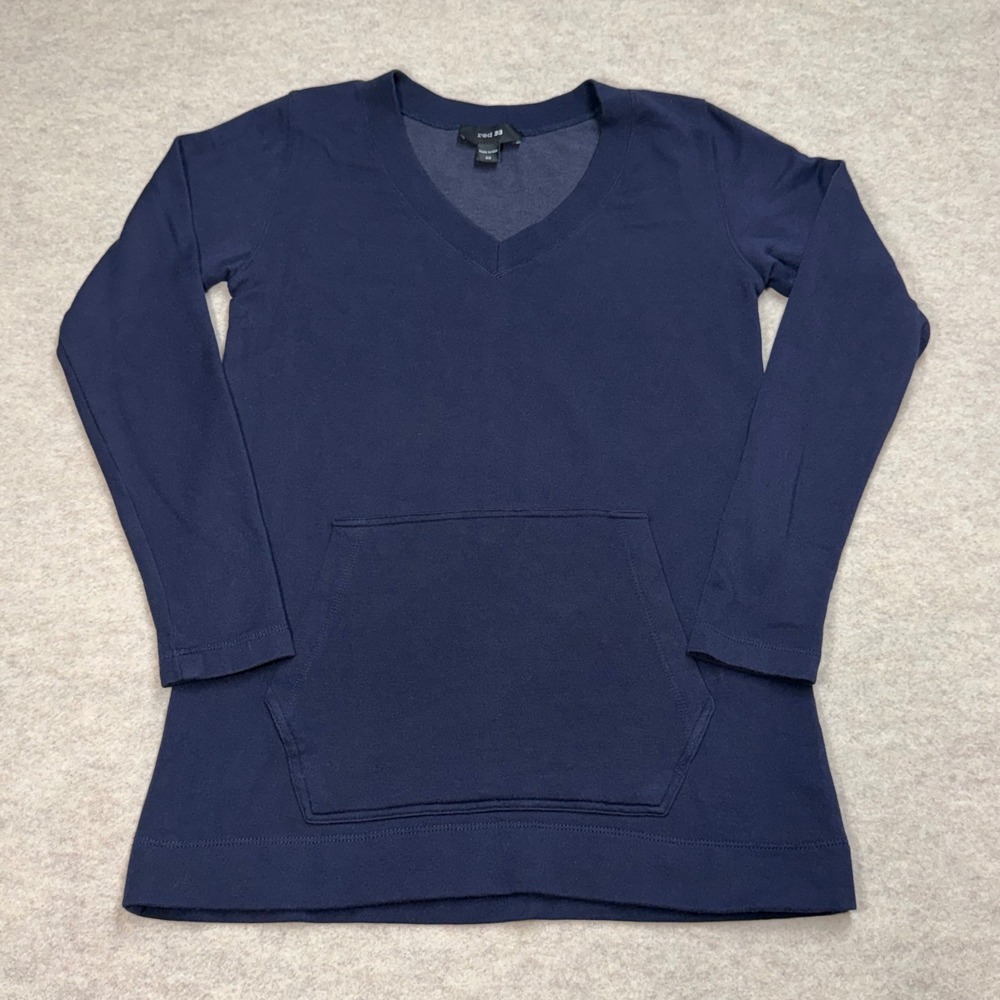 Red 23 Womens Navy Blue V-Neck Long Sleeve Kangaroo Pocket Tunic Top XS USA Made